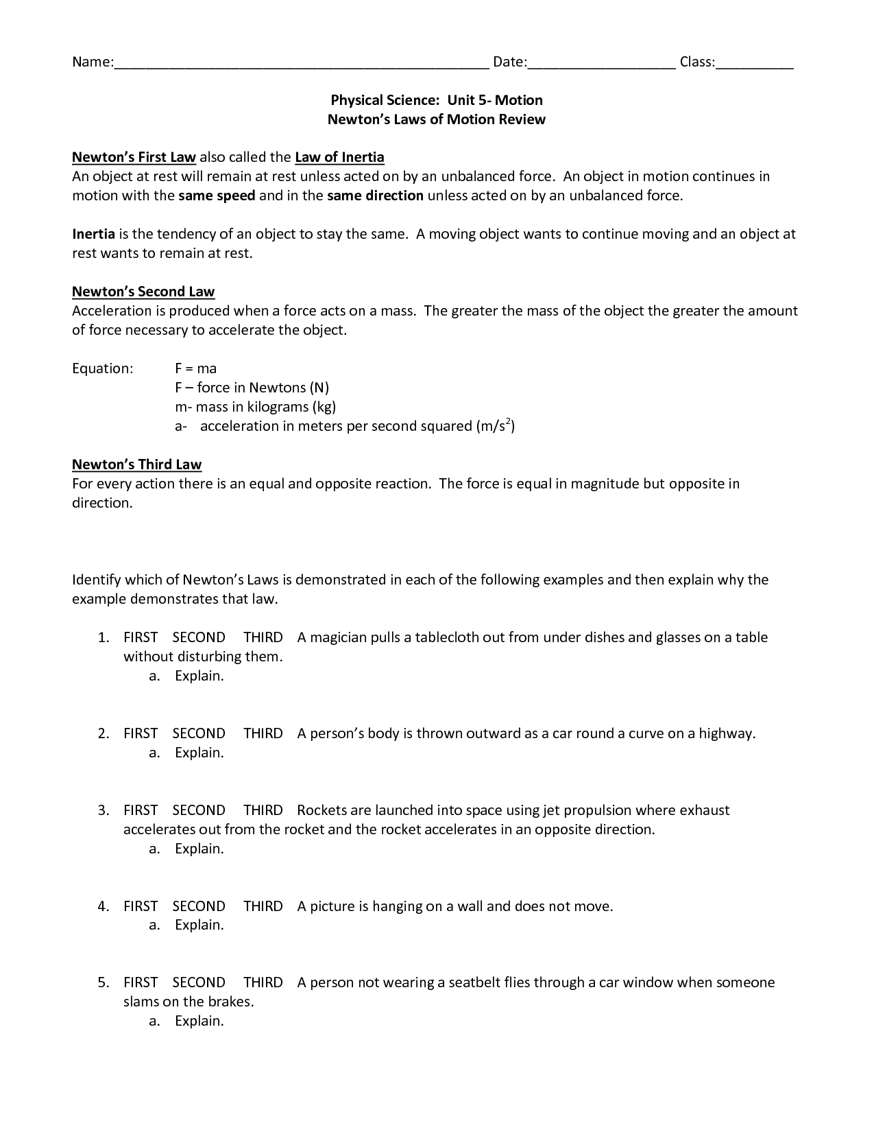 Physical Science Newton's Laws Worksheet Answer Key