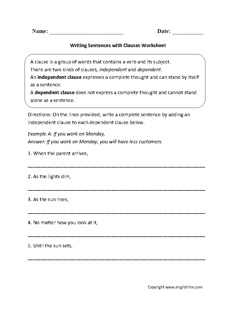 Identifying Clauses In Complex Sentences Worksheet