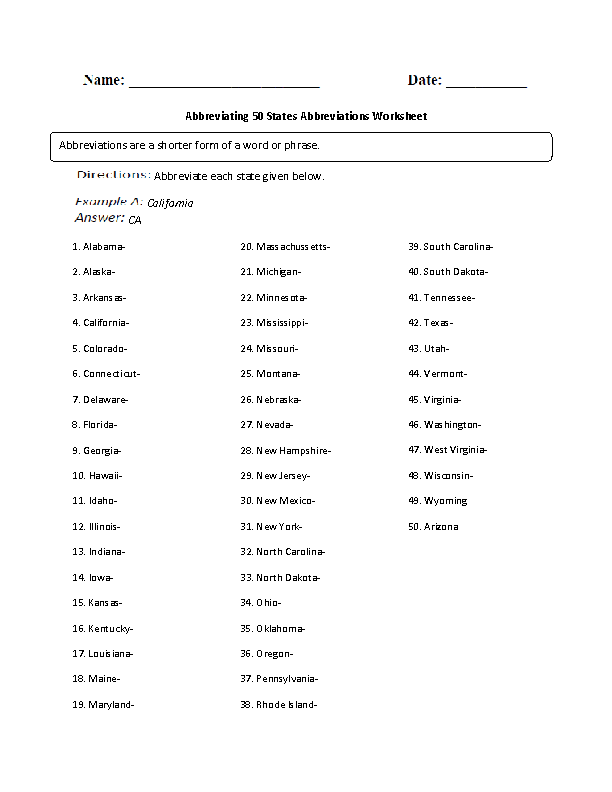 States and Abbreviations Worksheets