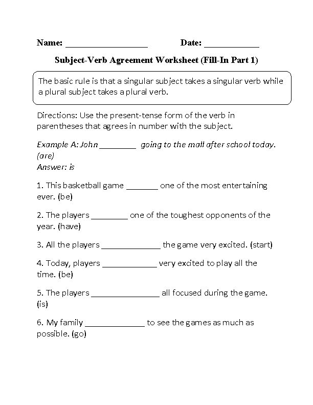 Subject And Verb Worksheets 4th Grade
