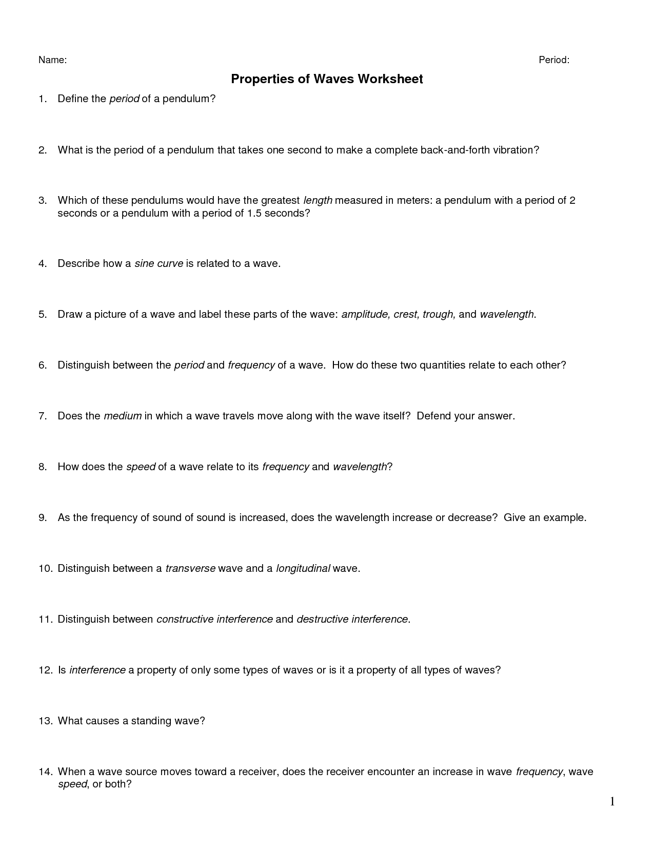 Waves Basics Worksheet Answer Key Physics