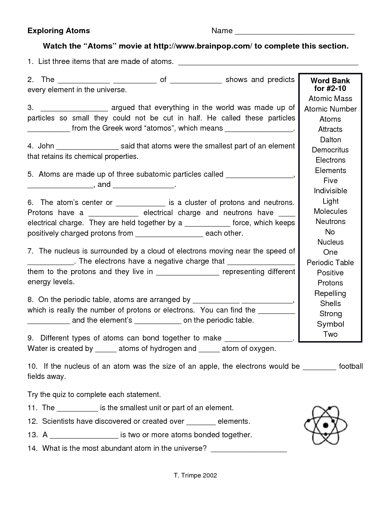 Atoms and Molecules Worksheet Answers