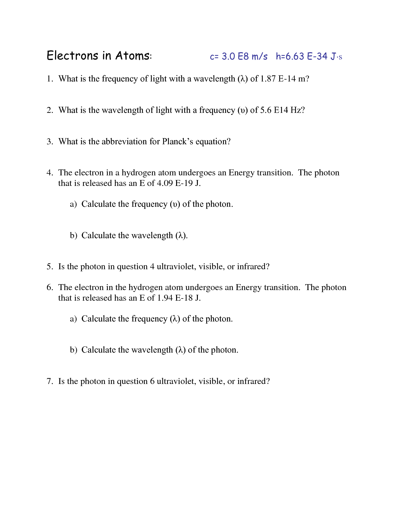 Chapter 5 Electrons in Atoms Answer Key