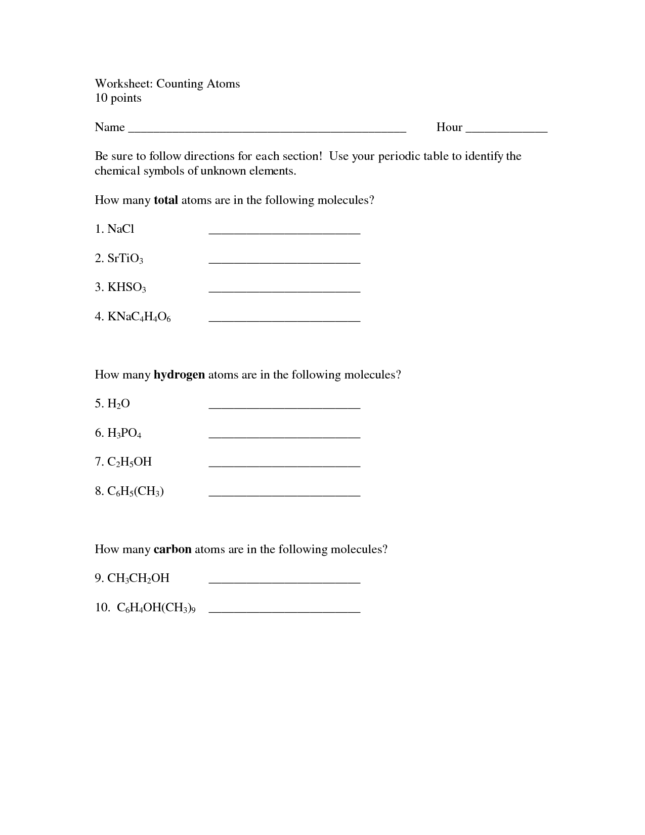 Counting Atoms and Molecules Worksheet