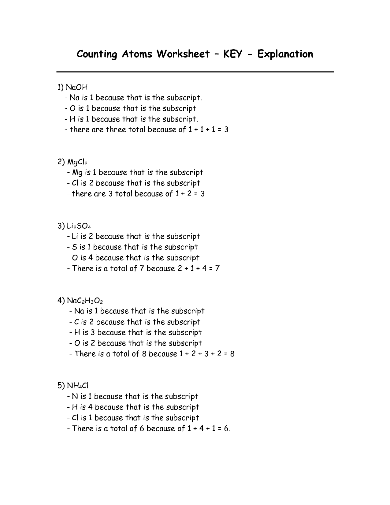 Counting Atoms Worksheet Answer Key