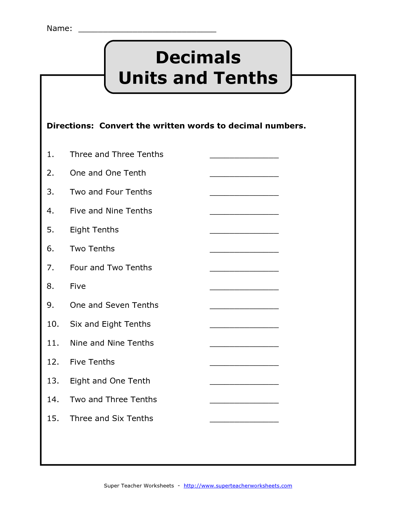 read write and order decimals worksheets