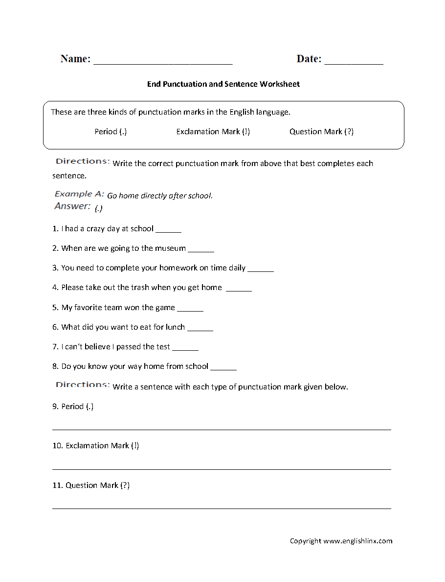 End Of Sentence Punctuation Worksheets