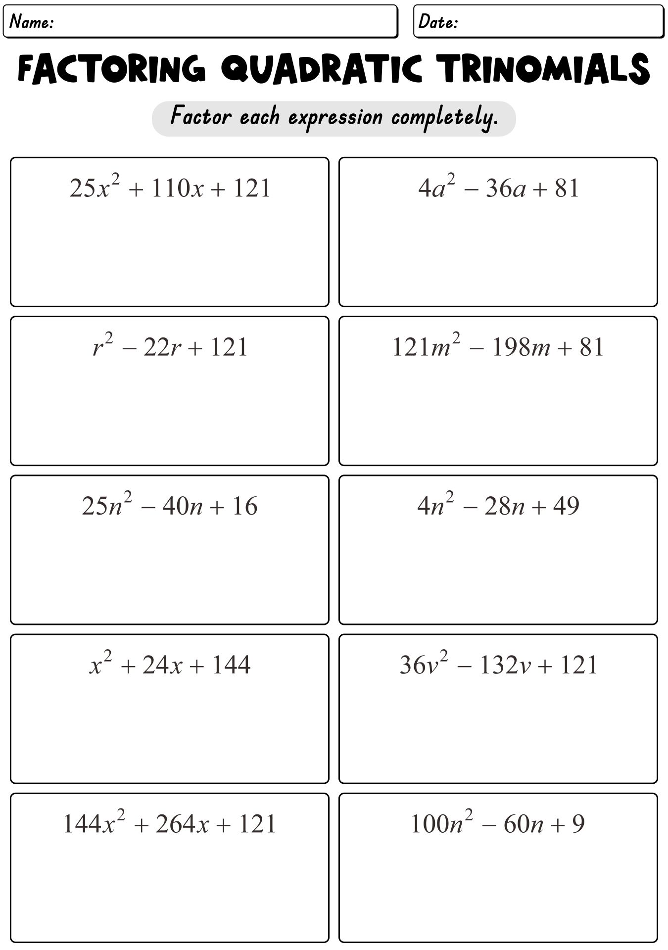 Factoring Quadratic Trinomials Worksheet