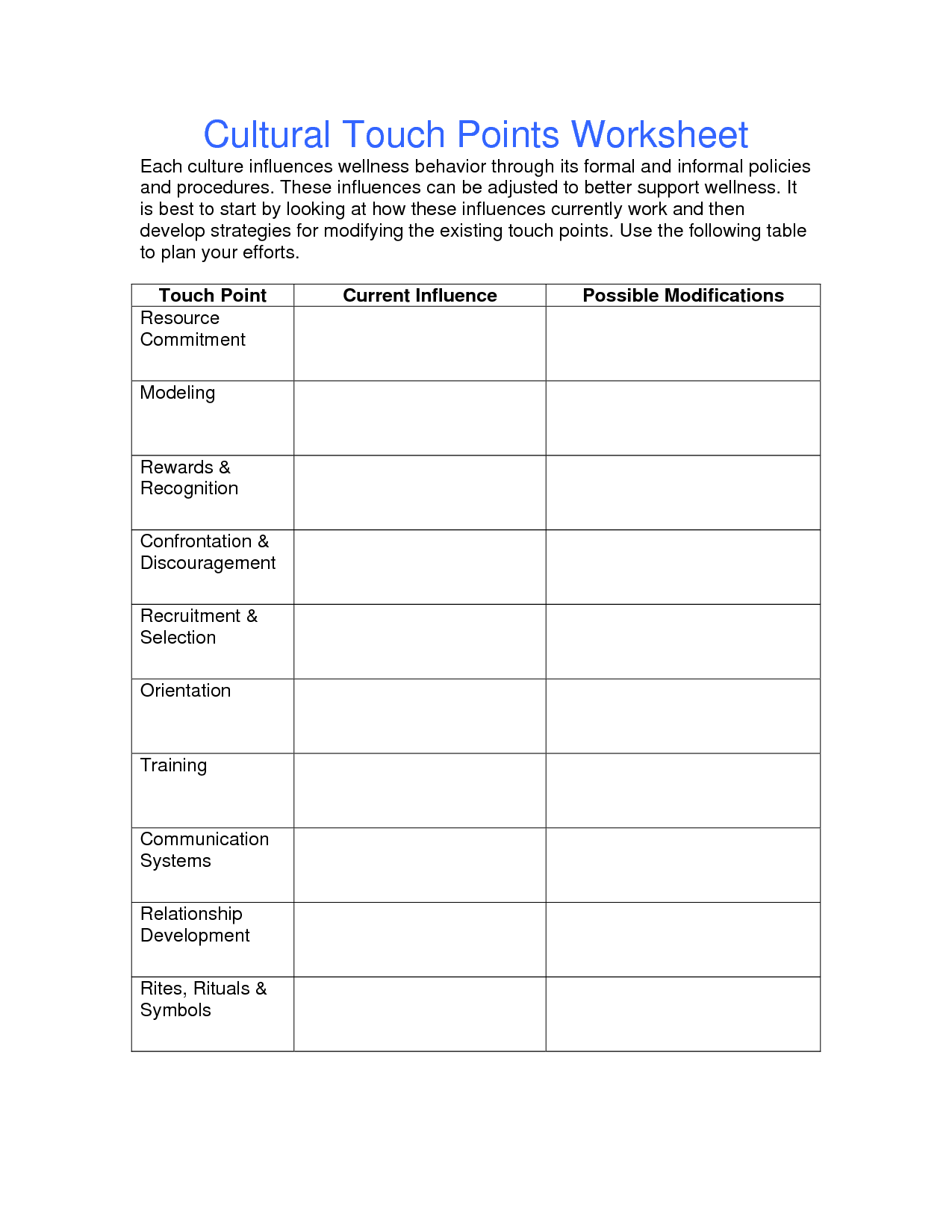 Health and Wellness Worksheets