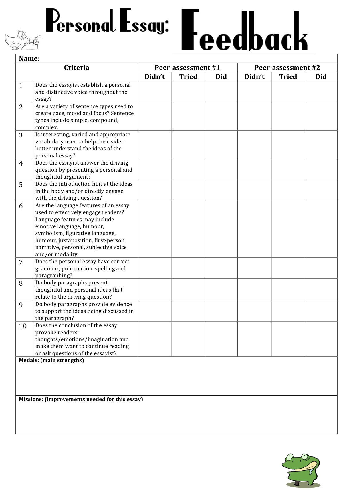 Peer Editing Worksheet High School English