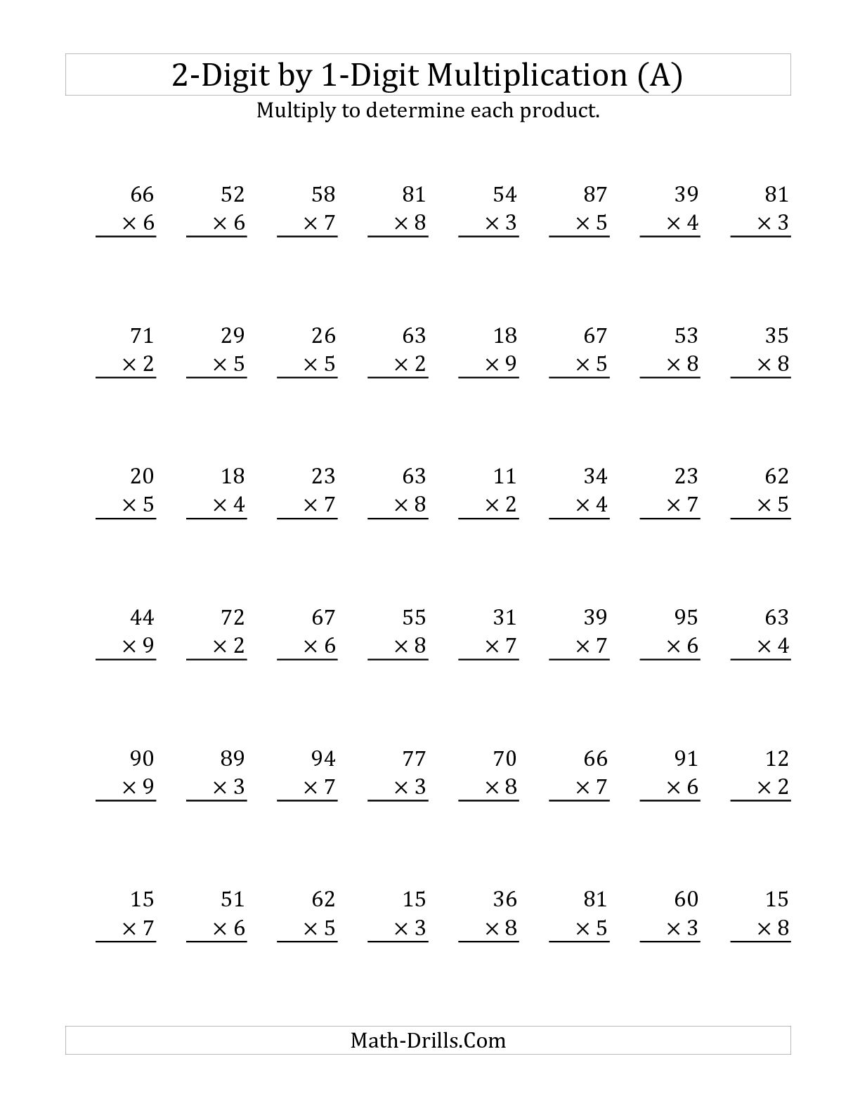 Multiplication 1 Digit By 2 Digit Worksheets