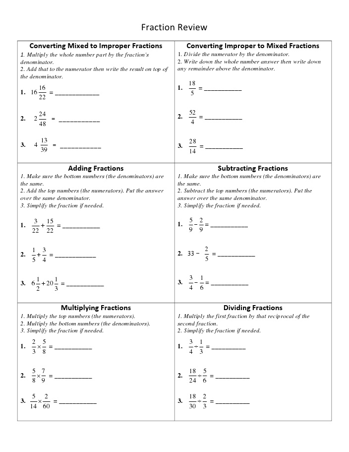 Fraction Review Worksheets