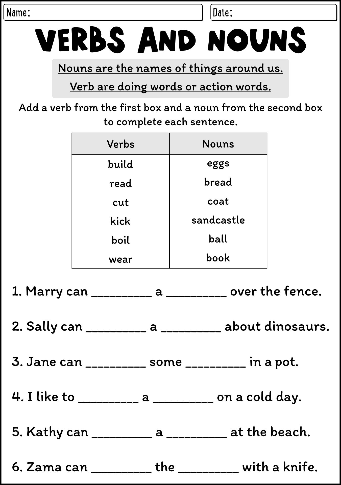 15 Best Images Of Nouns And Verbs Worksheets Sentences Identify Noun 