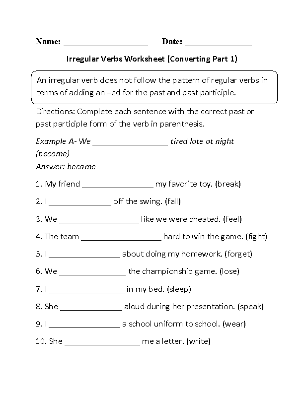 5th Grade Worksheet On Verbs