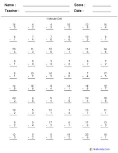 Mad Minute Subtraction Worksheets