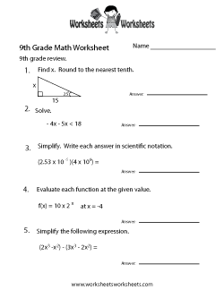 Math Worksheets for 9th Grade Algebra