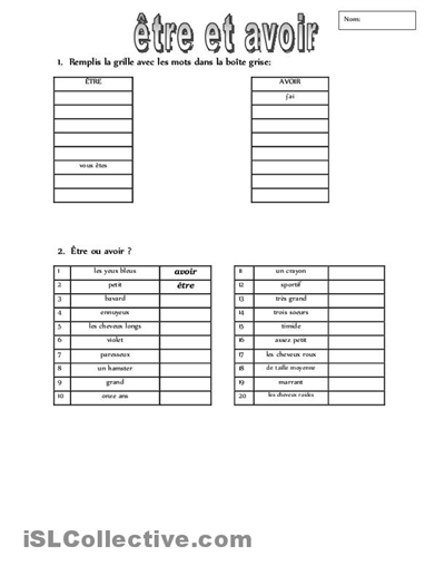 Printable French Worksheets Avoir and Etre Verbs