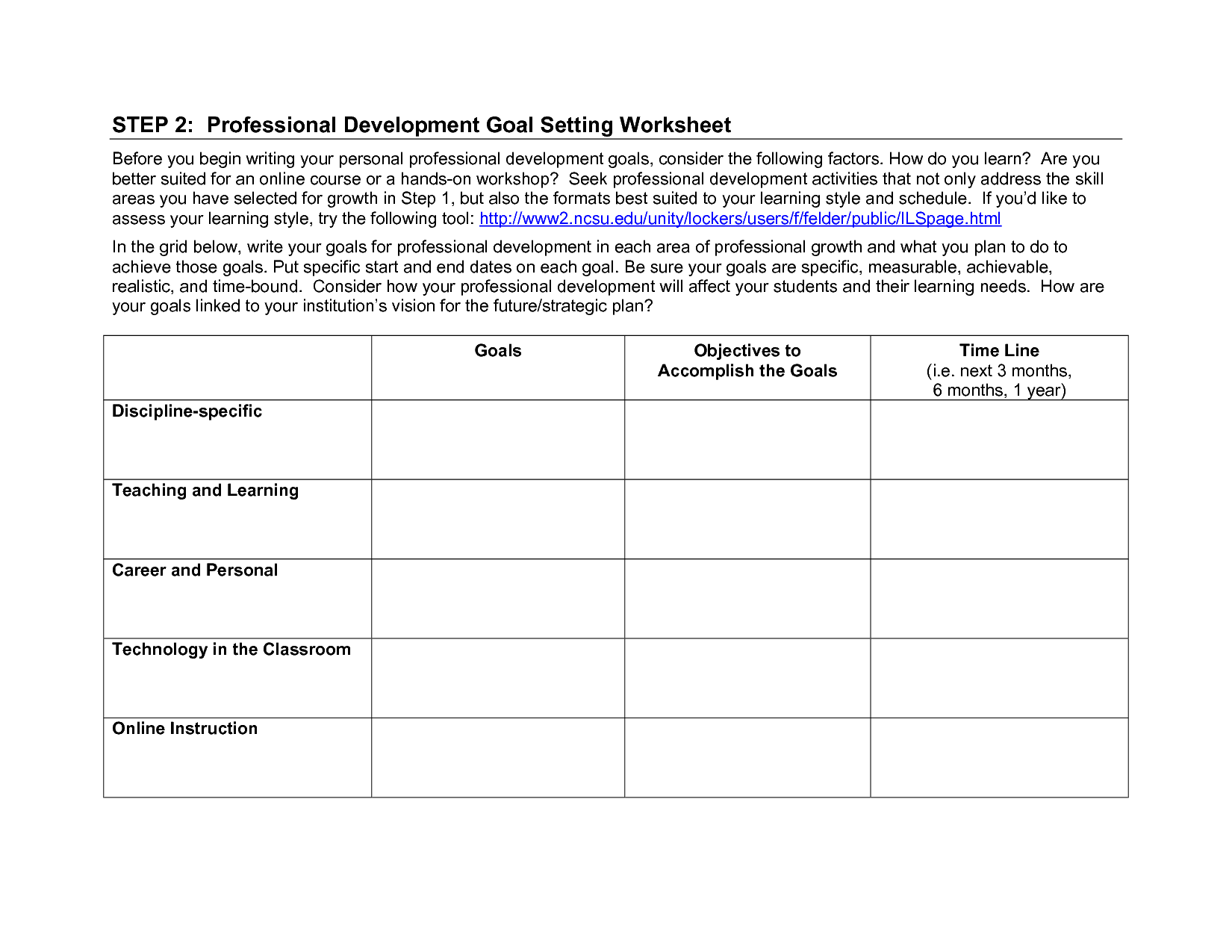 Professional Goal Setting Worksheet