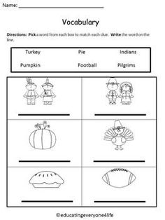 Thanksgiving Vocabulary Worksheet Free