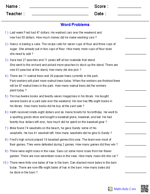 1 Step Word Problems Worksheets