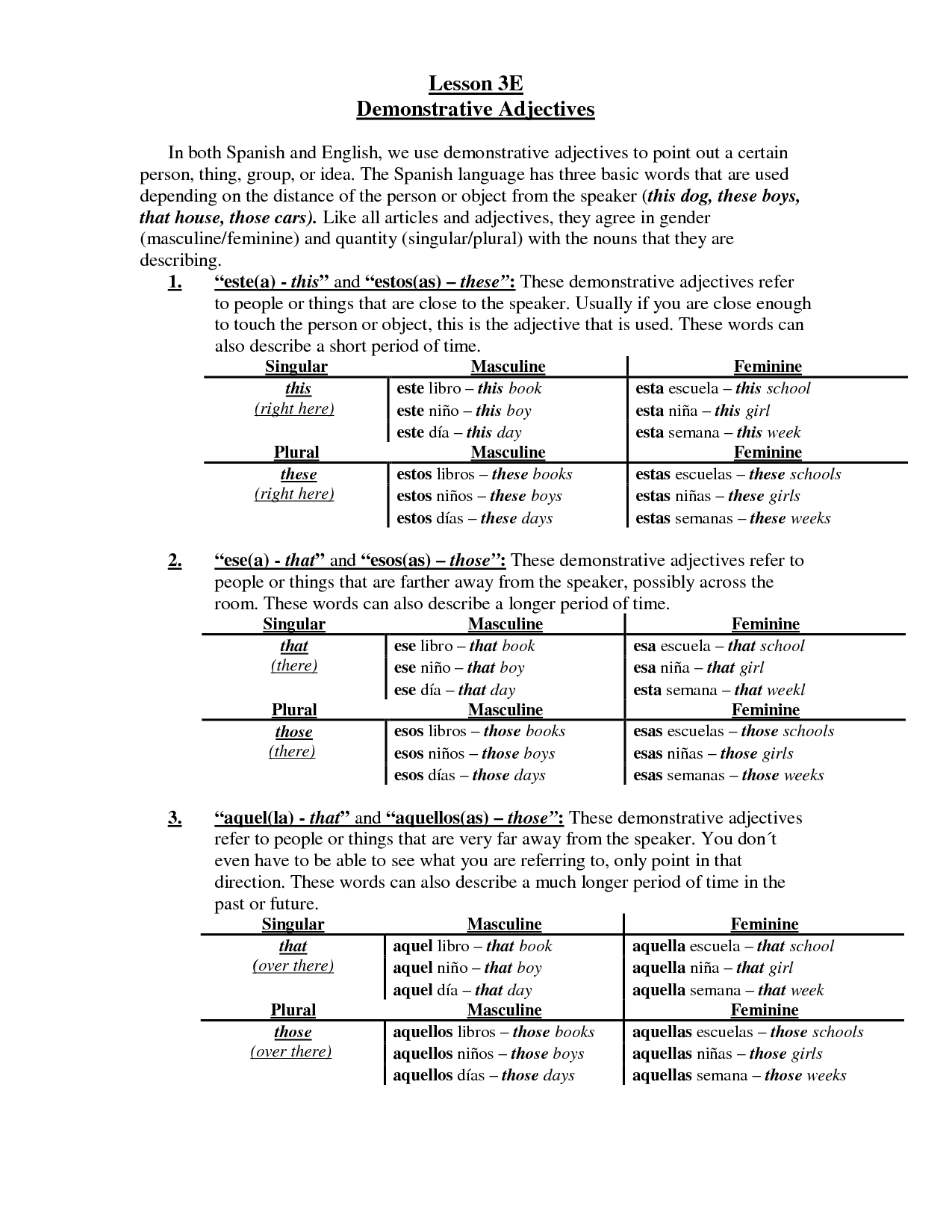 Spanish Demonstrative Adjectives Worksheets With Answers