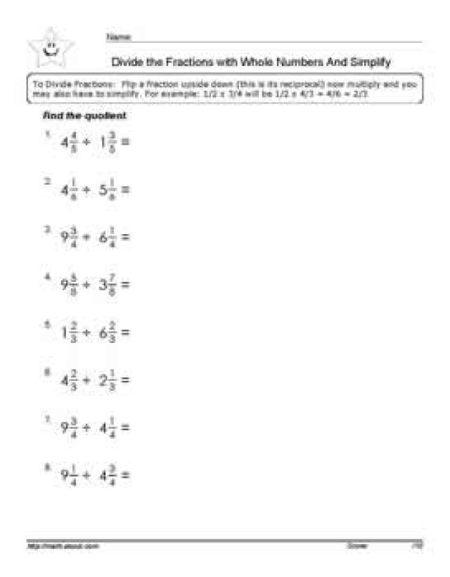 Dividing Fractions and Mixed Numbers Worksheets