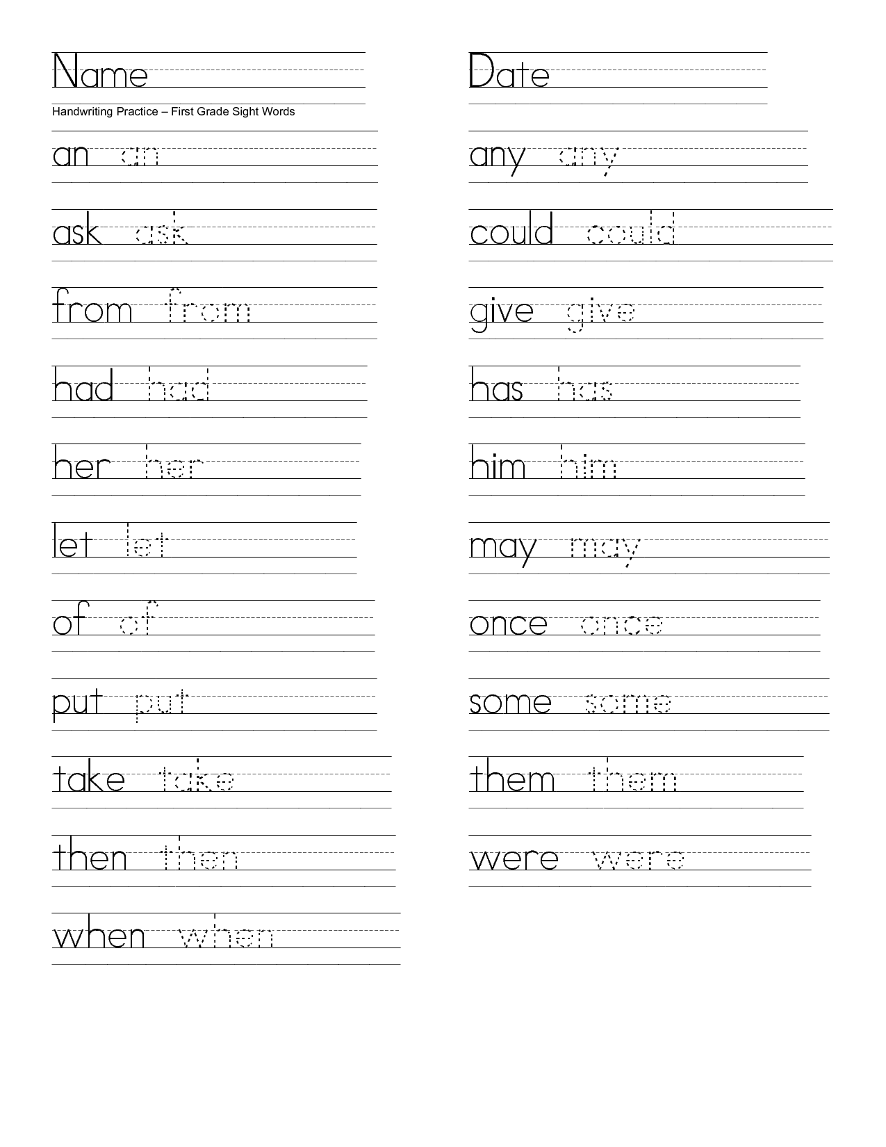 First Grade Handwriting Practice Worksheets