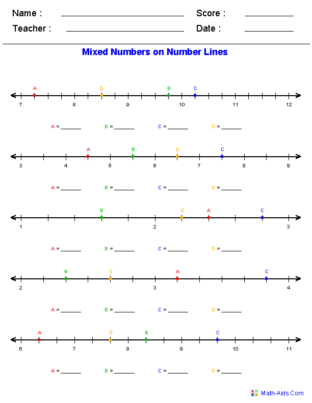 Mixed Numbers On Number Lines