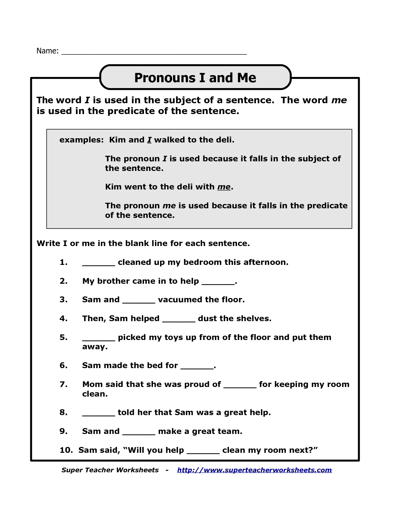 Pronouns I and Me Worksheet