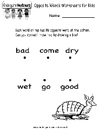 Kindergarten Opposite Words Worksheets