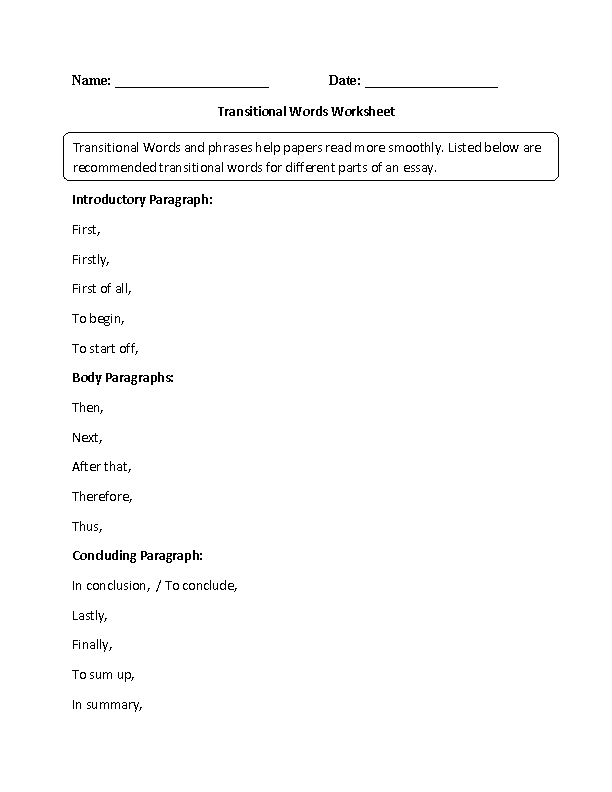 Transitional Words Worksheet Pdf