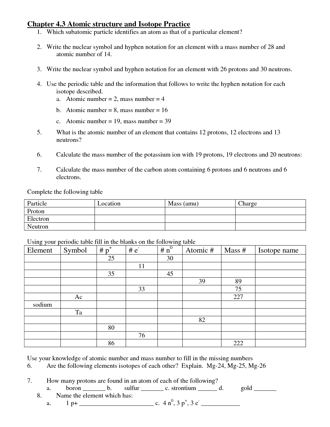 Atomic Structure Worksheet Answers Key