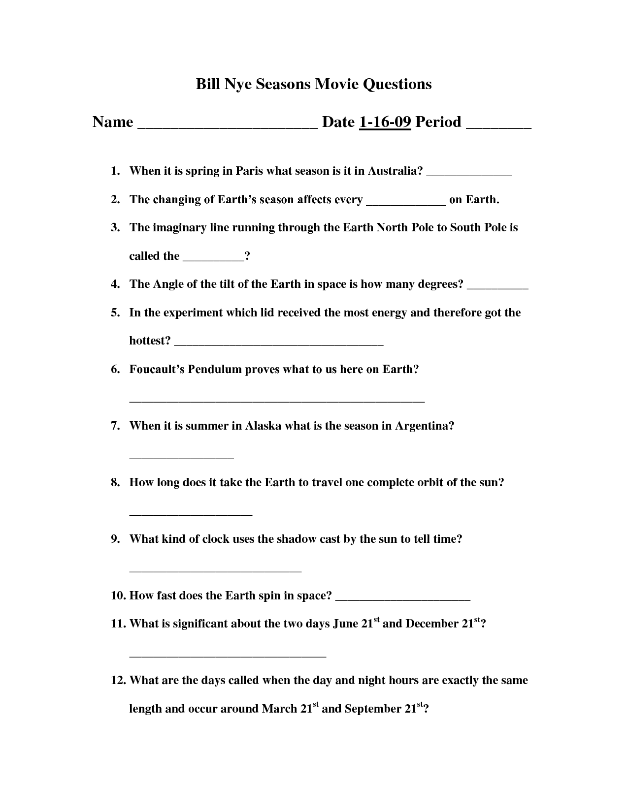 Reasons For Seasons Worksheet