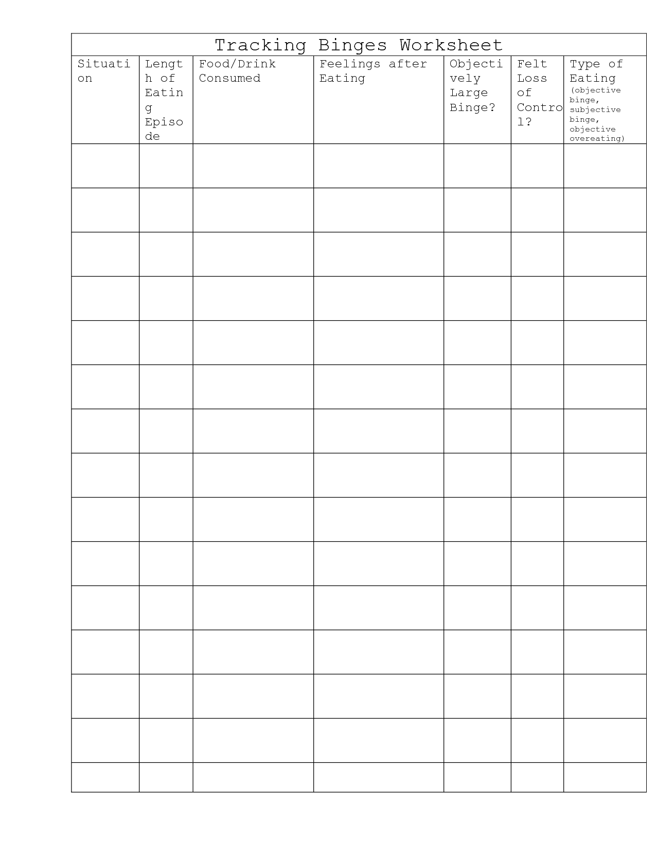 Daily Meal Tracker Worksheet