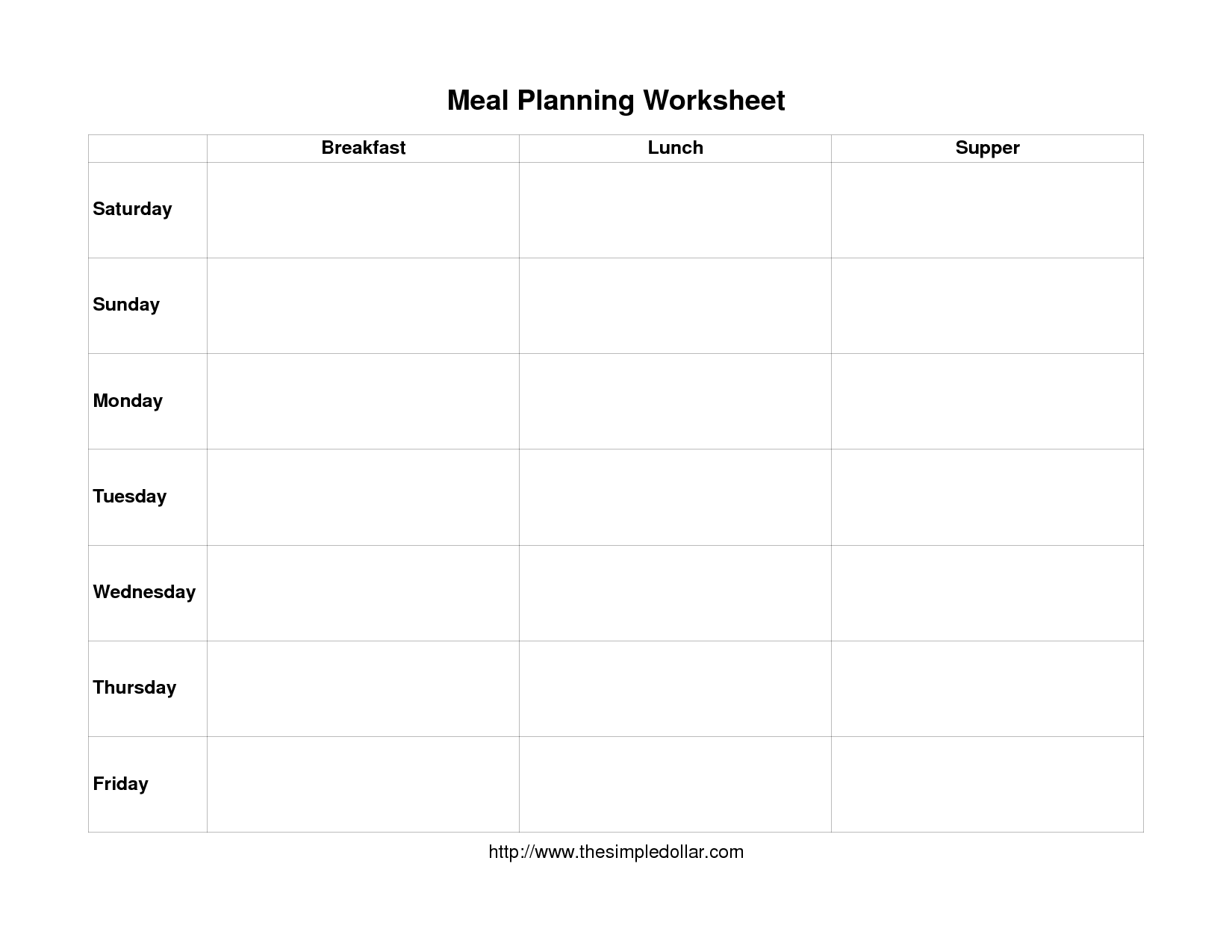 Diet Meal Planning Worksheet