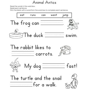 Fill in the Blank Printable Reading Worksheets