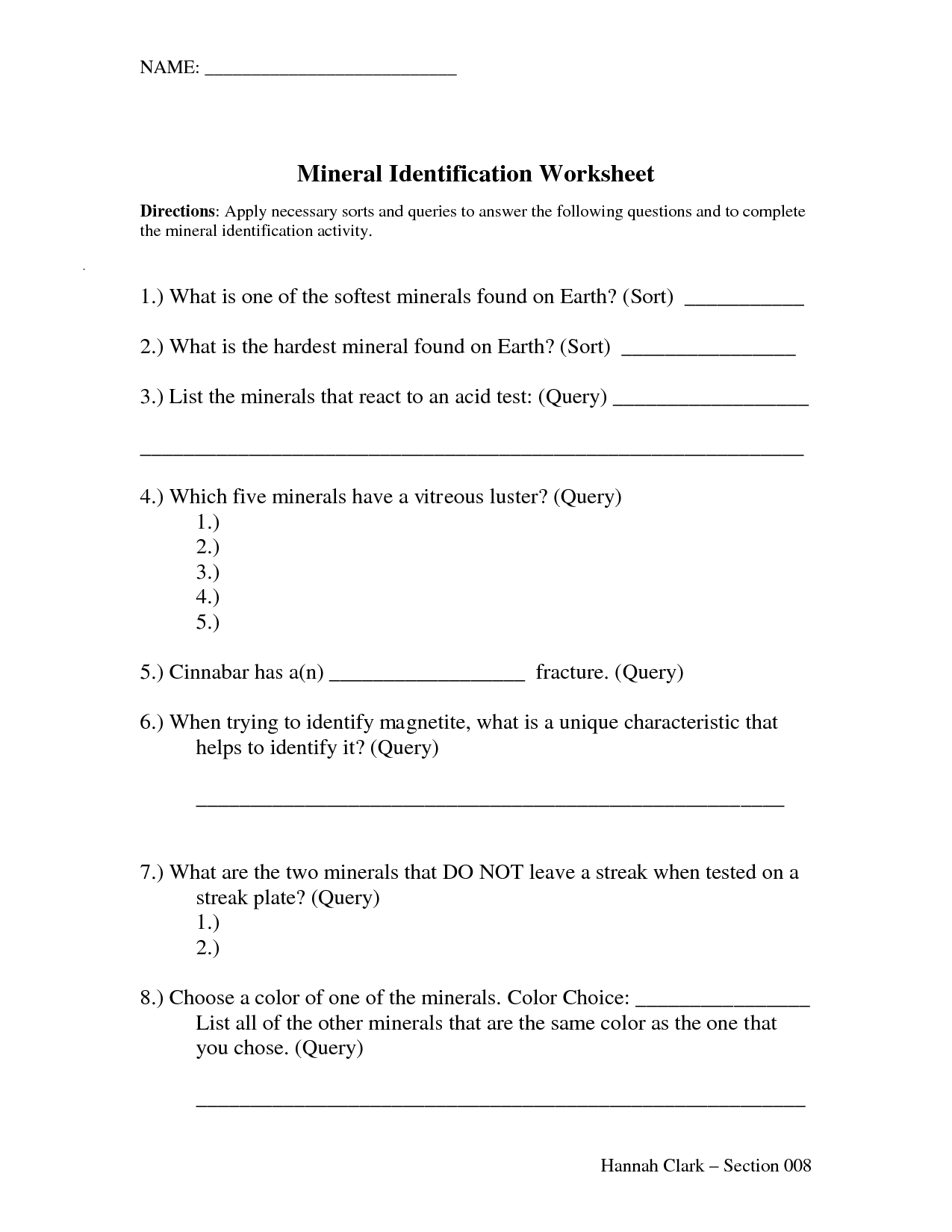 32 Mineral Identification Worksheet Answers - Worksheet Database Source
