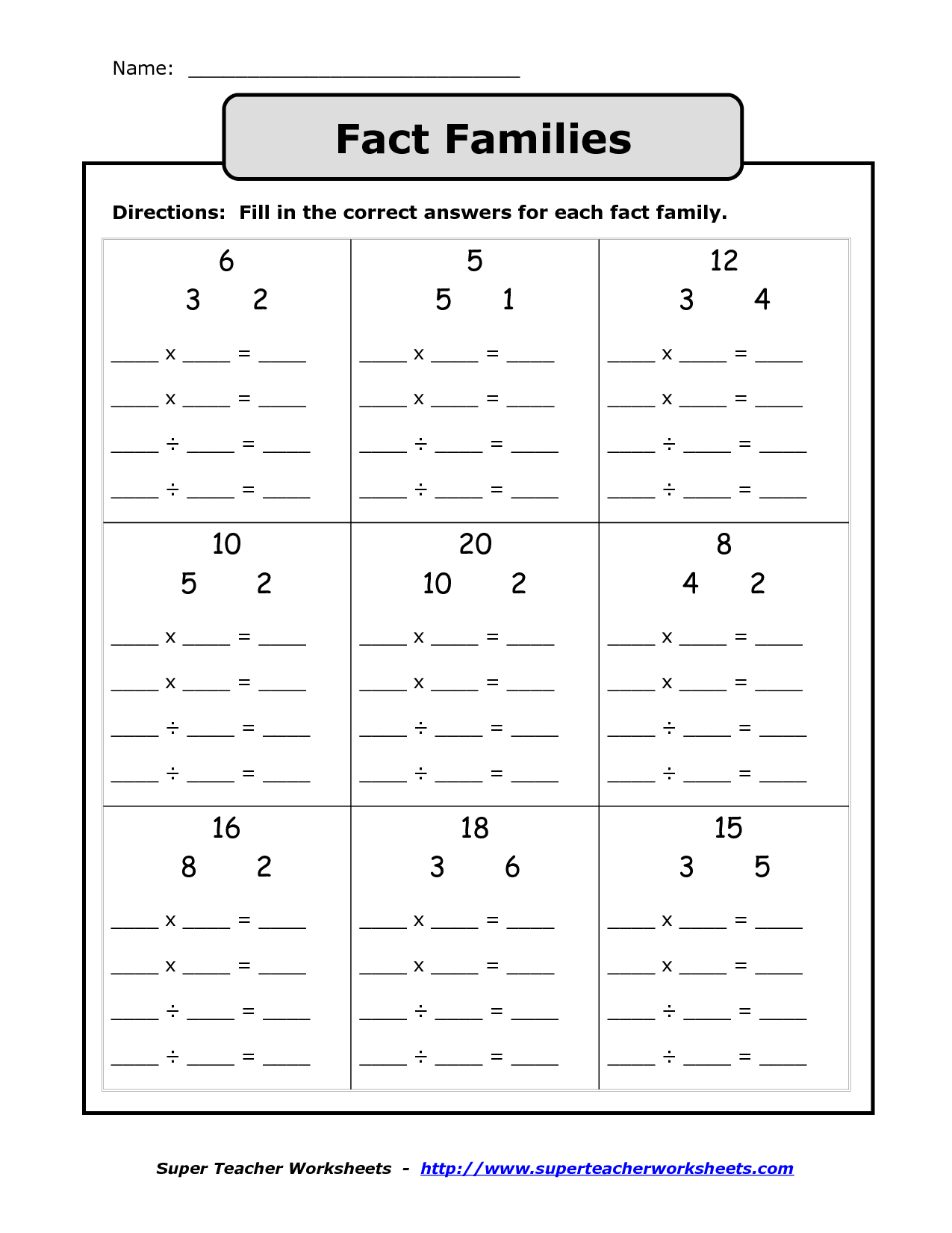 Multiplication Division Fact Family Worksheet