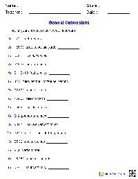 Math Conversion Worksheets and Answers