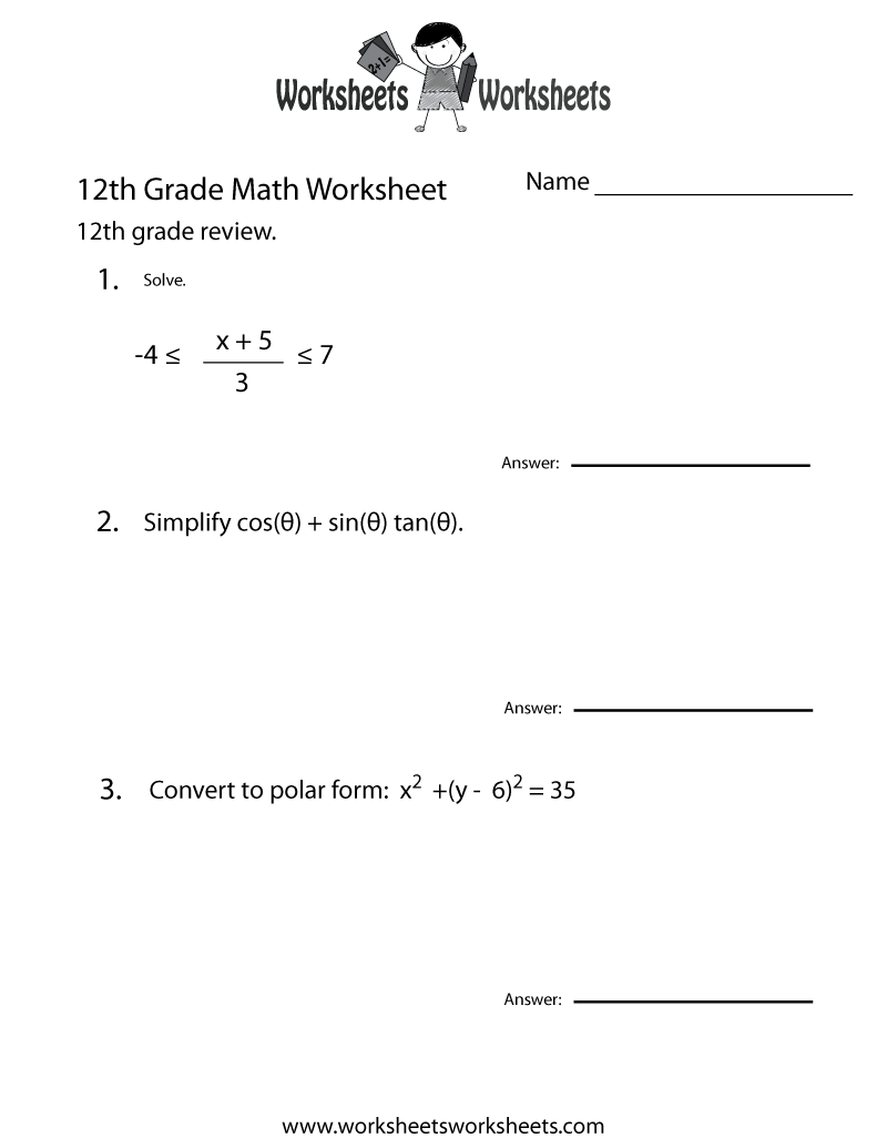 12th Grade Math Worksheets Printable