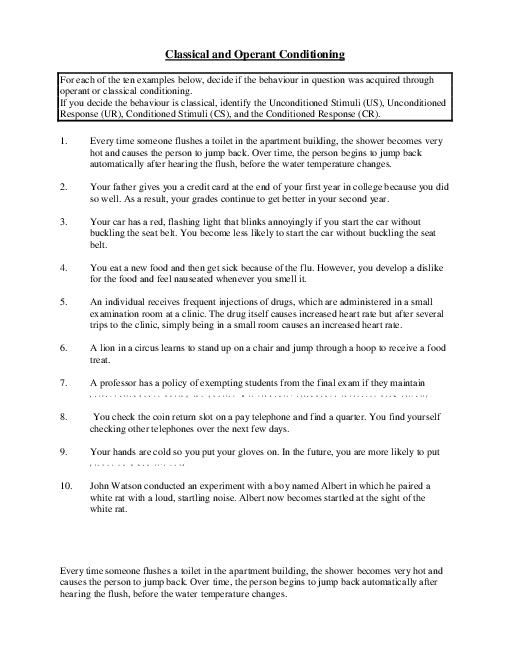 20 Best Images of Classical Conditioning Worksheet With Answers  Classical and Operant 