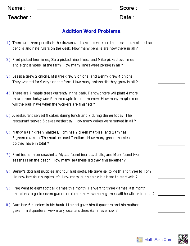 Grade 3 Addition Word Problems Worksheets