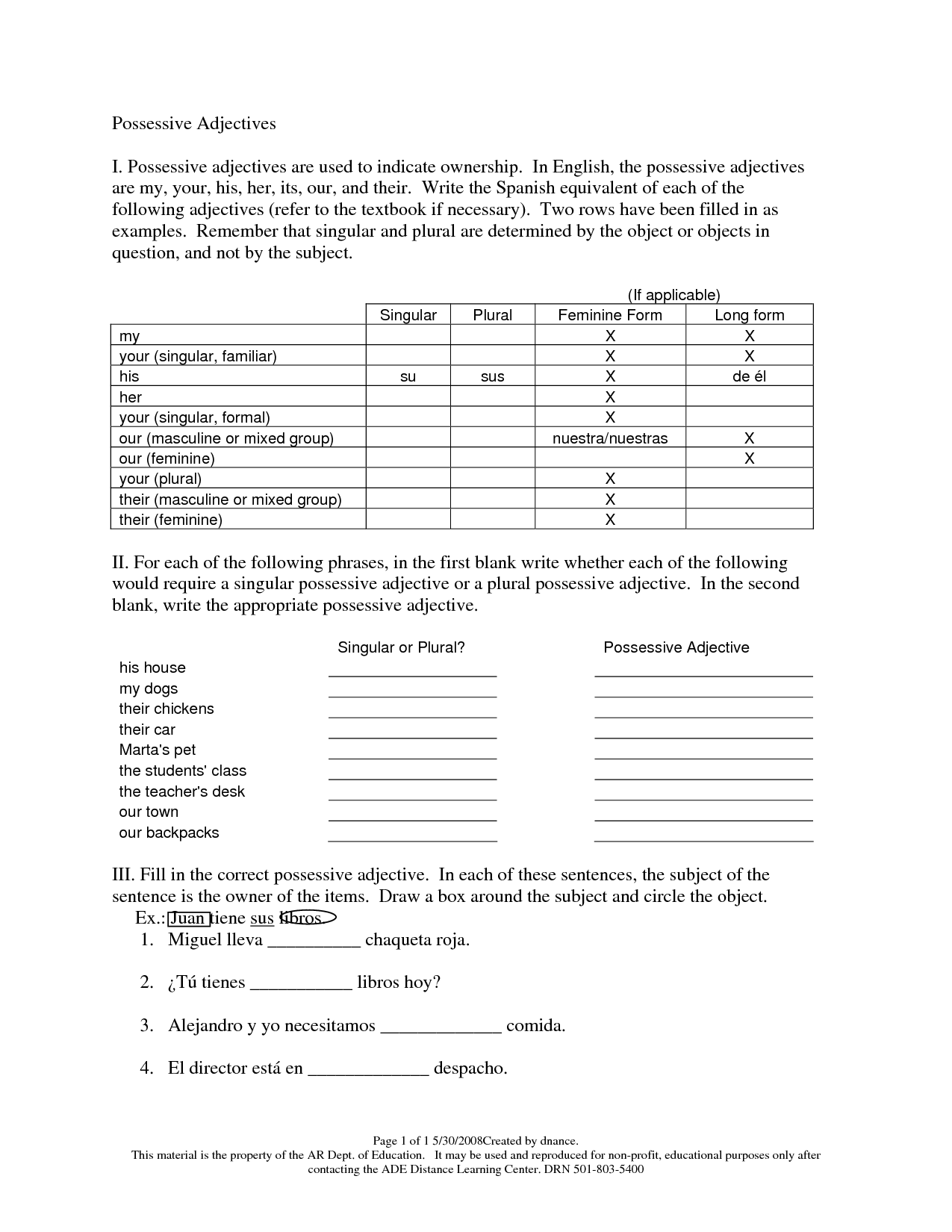 Long Form Possessive Adjectives Spanish Worksheet