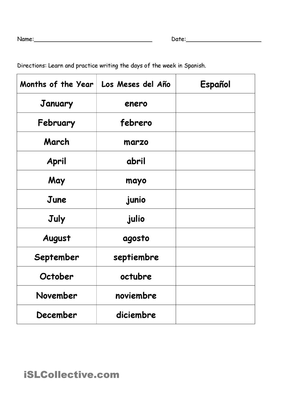 Months In Spanish Printable