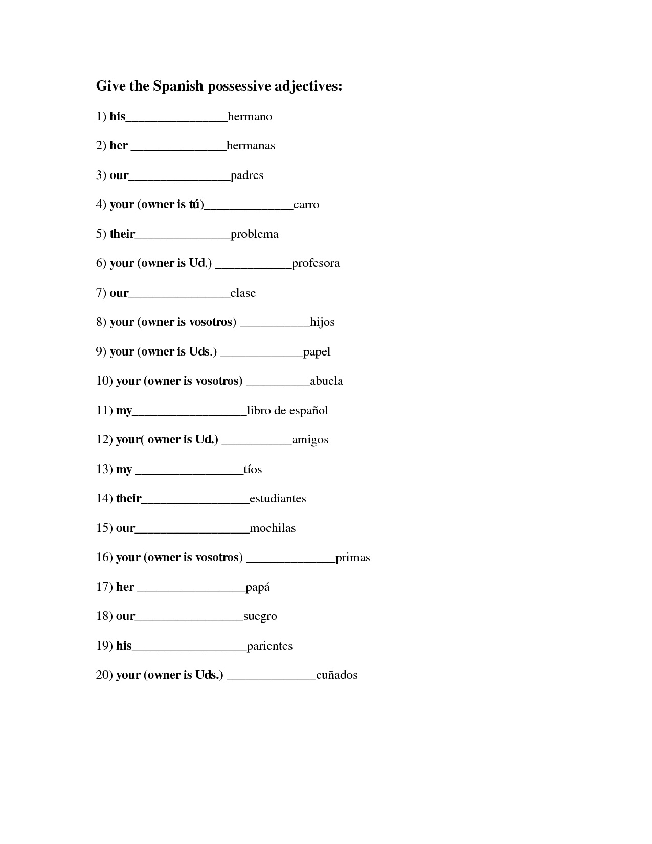 Possessive Adjectives Spanish Worksheet 1 Answers