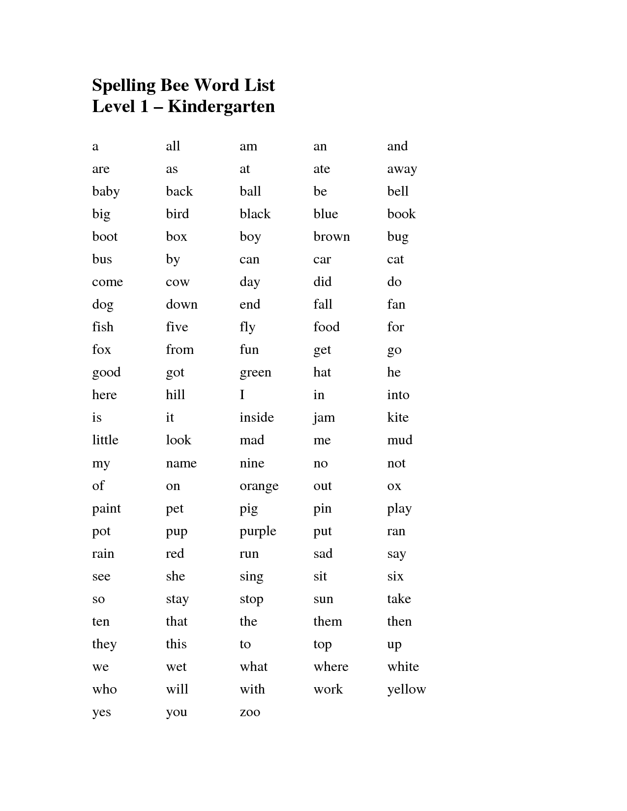 Spelling Bee Word List Kindergarten