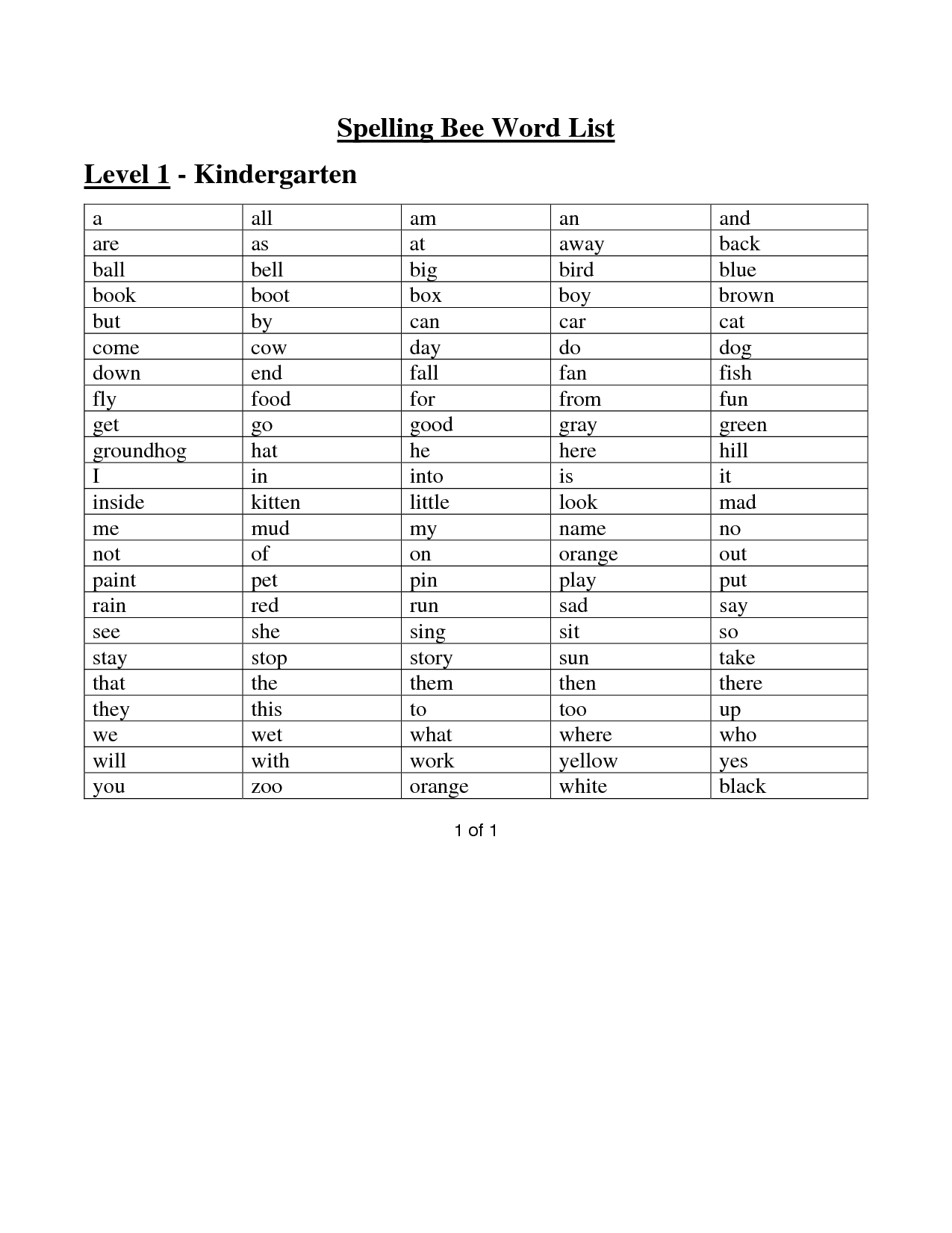 Spelling Bee Word List Kindergarten