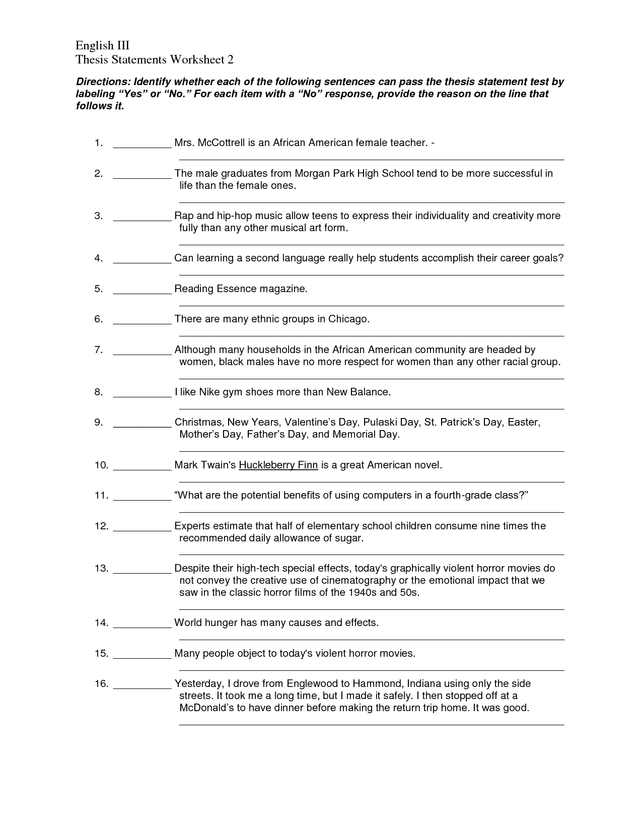Thesis Statement Worksheet Middle School