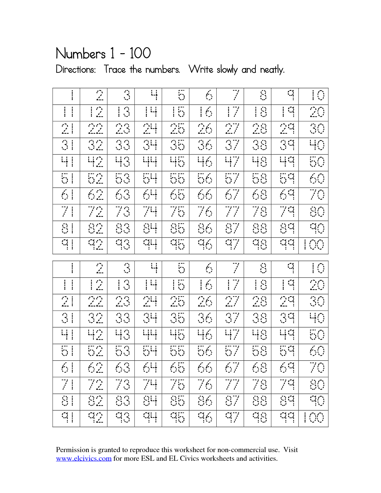 Tracing Numbers 1-100 Worksheets