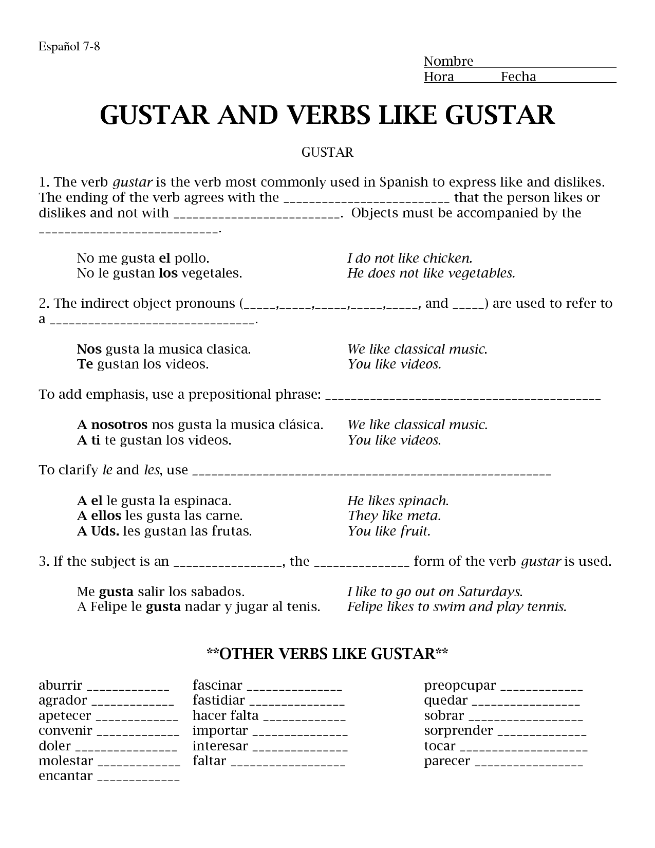 Verbs Like Gustar Worksheet
